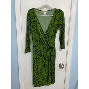 Y2K VTG London Style Dress Size 8 Green Faux Wrap 3/4 Sleeve Office Siren Twee